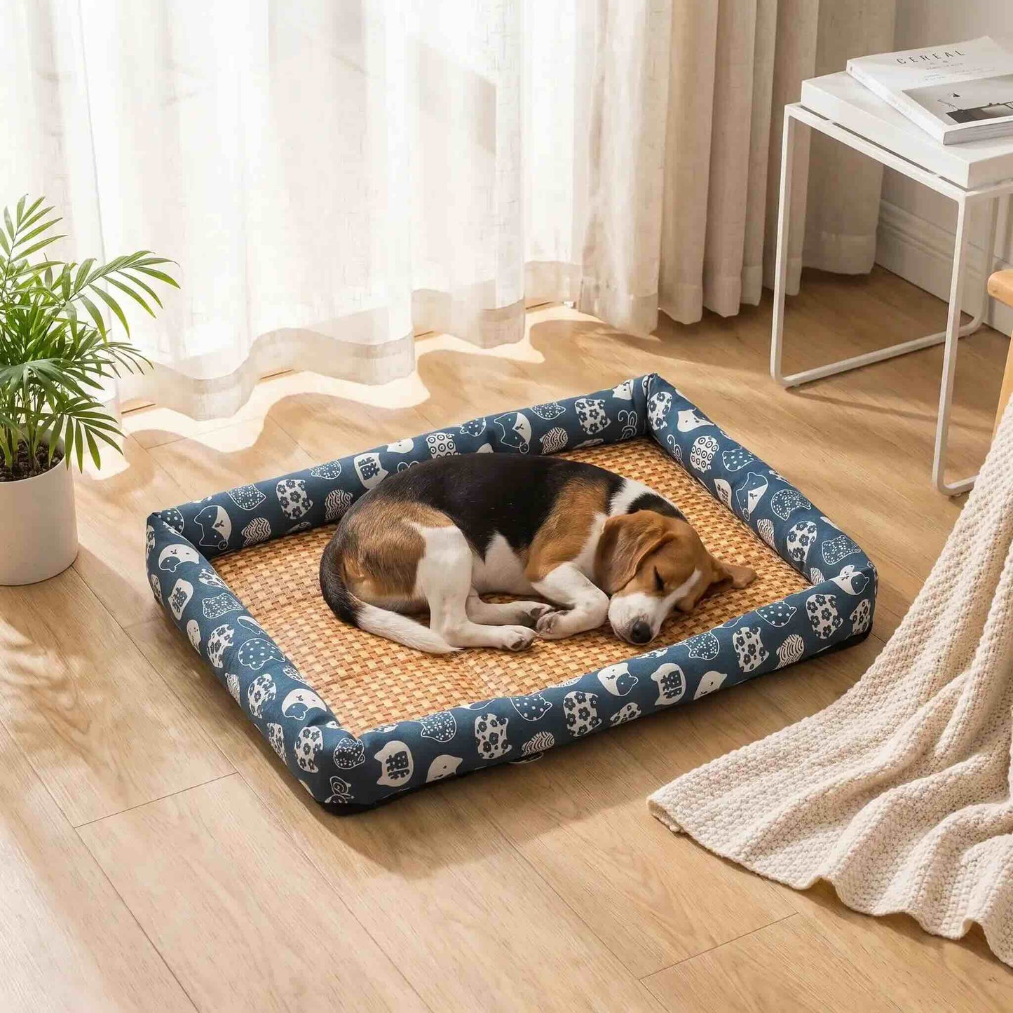 Panier rafraichissant chien rotin respirant doux confortable bleu marine