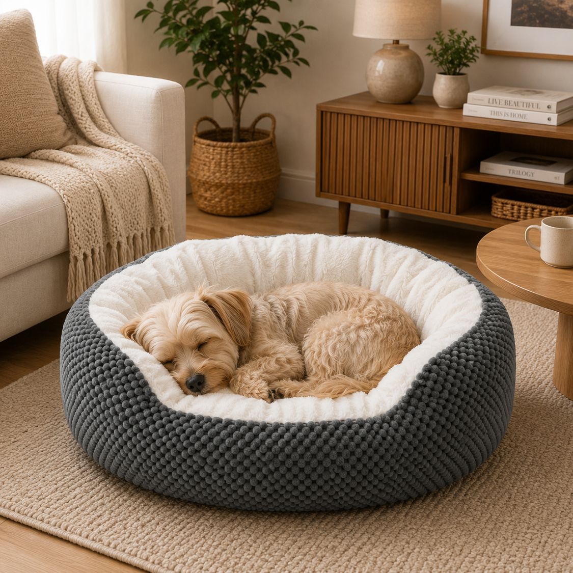 canape pour chien gris fonce chien endormi couchage douillet