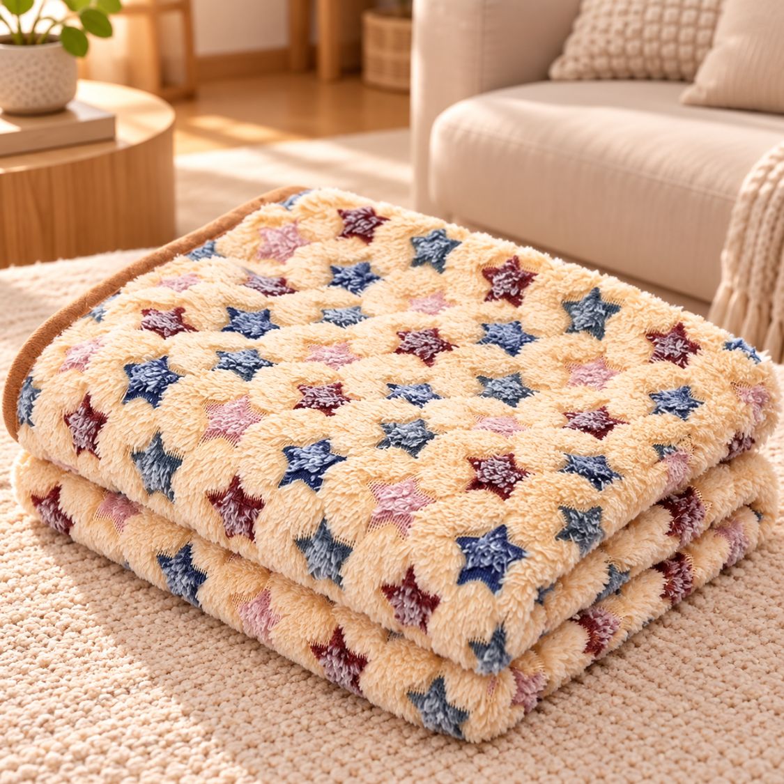 couverture pour grand chien beige motif etoiles pliee