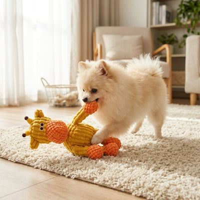 doudou chien girafe jaune en peluche avec chiot