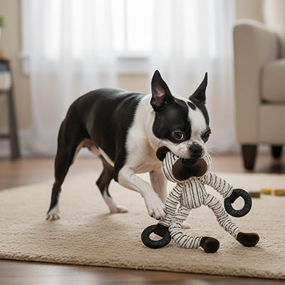 doudou chien petit ours en peluche avec boston terrier