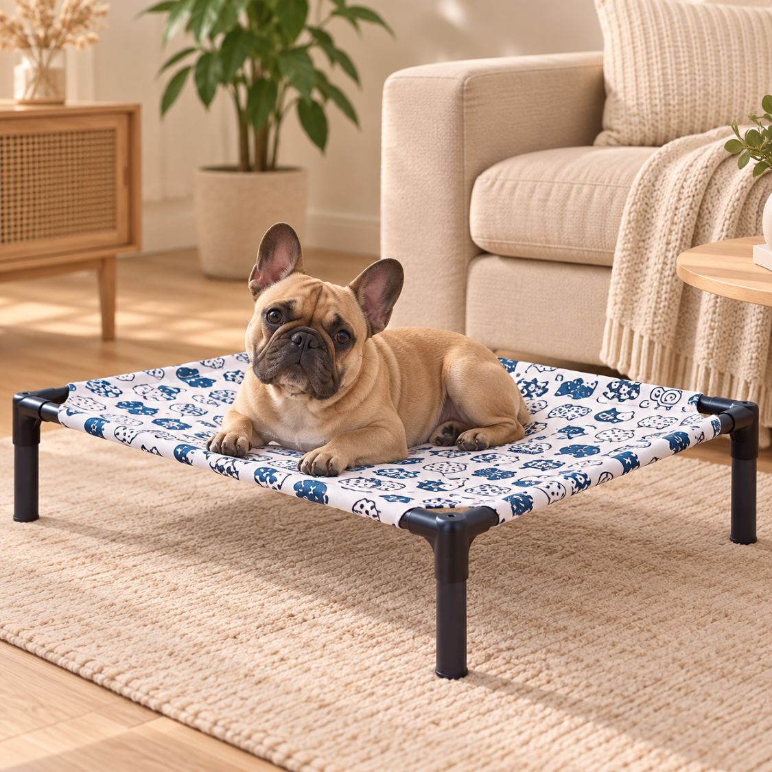 lit de camp pour chien bouledogue francais toile blanche bleue