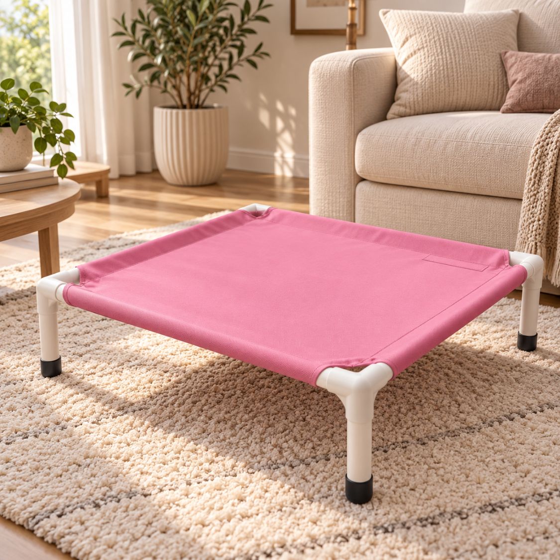 lit de camp pour chien rose sureleve salon beige