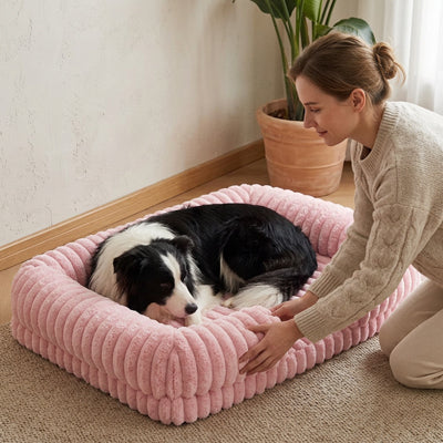 panier chien rose cotele chien noir blanc rebords rembourres