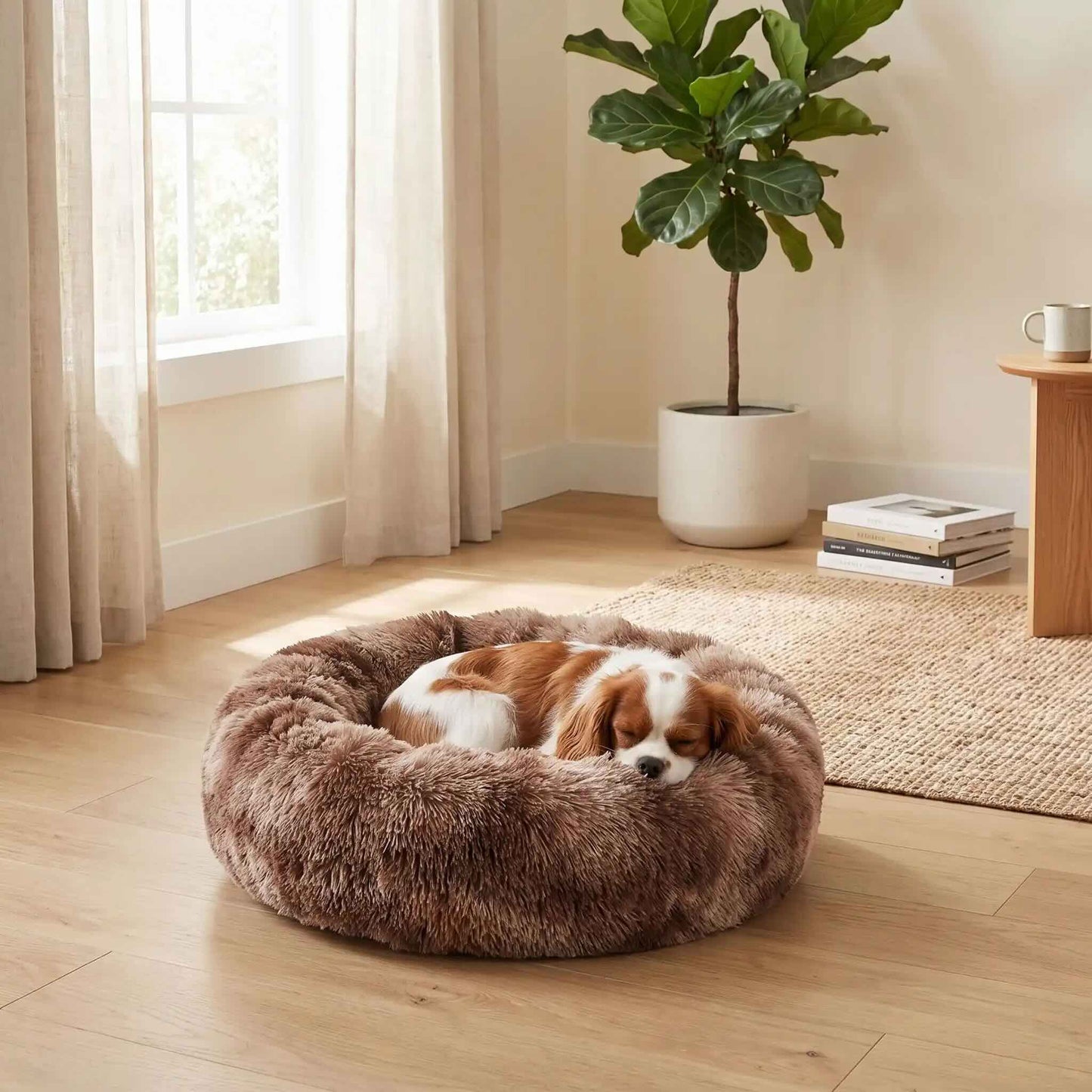 panier pour chien rond peluche marron creme moelleux