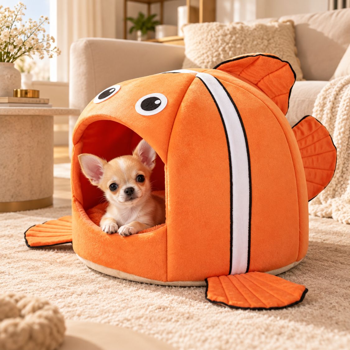 panier pour chiot poisson orange avec coussin