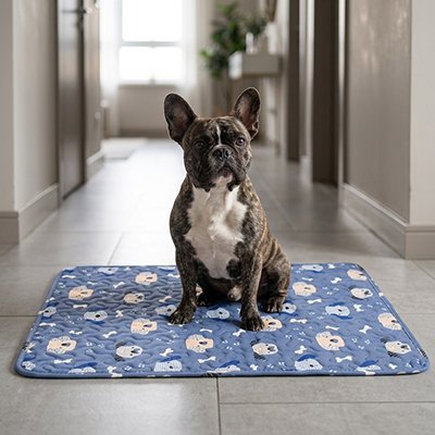 tapis chien rafraichissant avec bouledogue sur tapis bleu