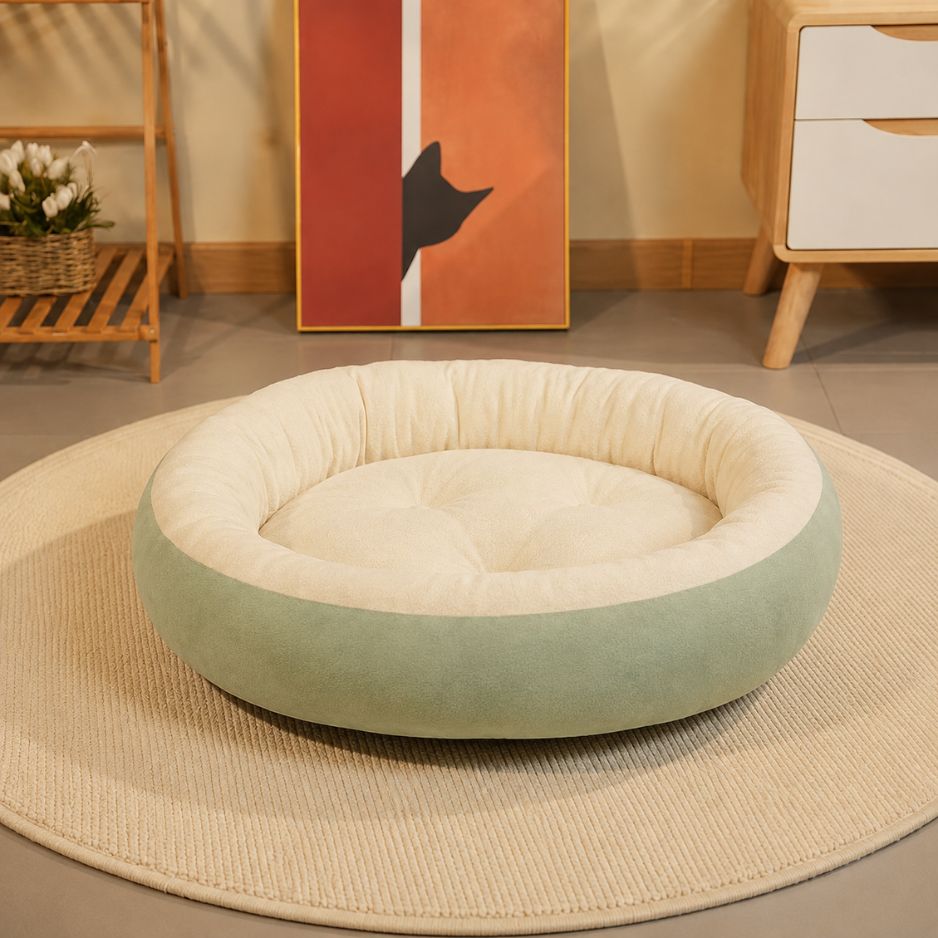 Panier chien vert sauge avec rebords moelleux