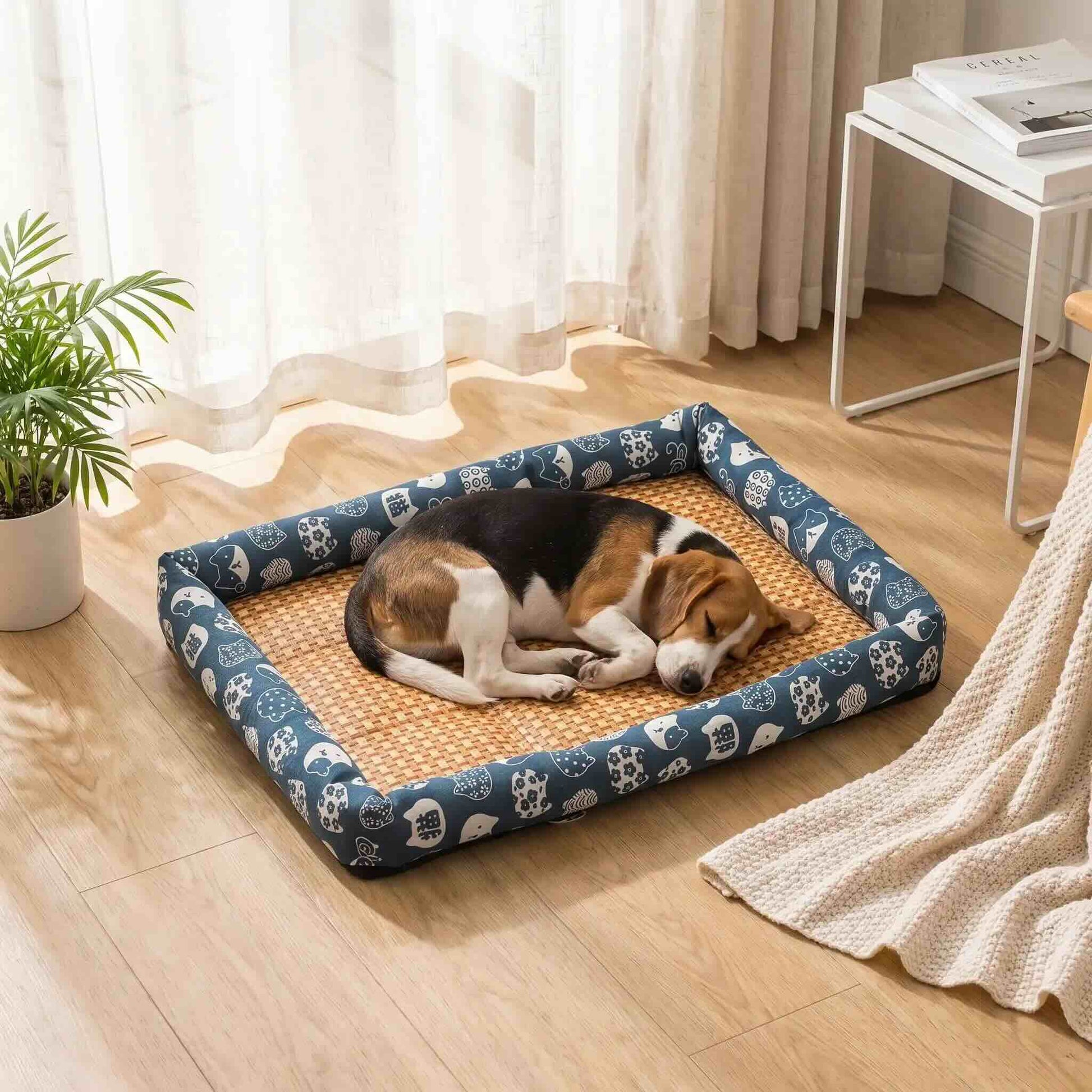 Panier rafraichissant chien rotin respirant doux confortable bleu marine