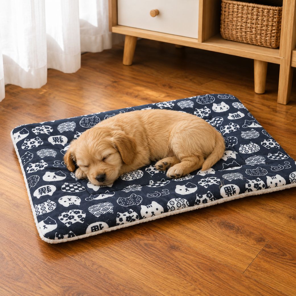 Tapis pour chien moelleux double face bleu foncé chiot qui dort