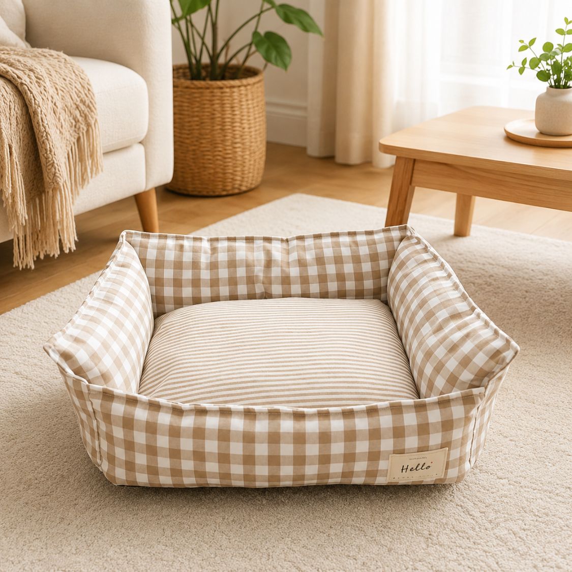canape chien vichy beige couchage moelleux