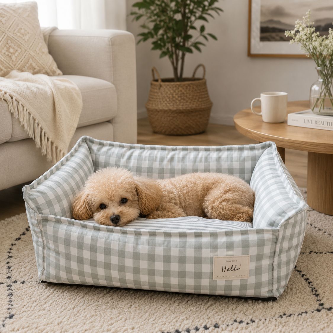 canape chien vichy gris chien allonge