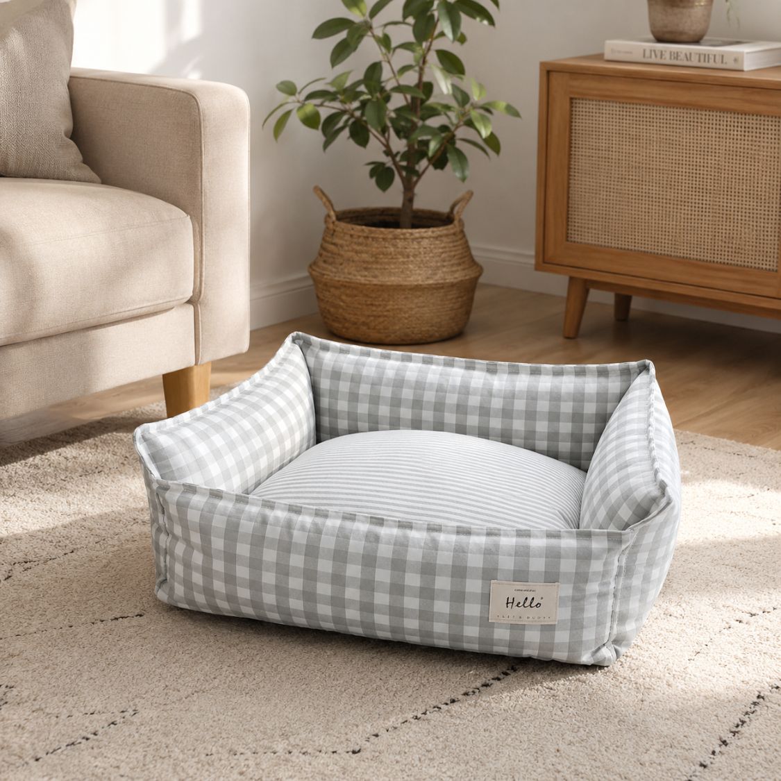 canape chien vichy gris rebords rembourres