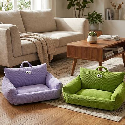 canape chien violet et vert en velours cotele avec yeux brodes