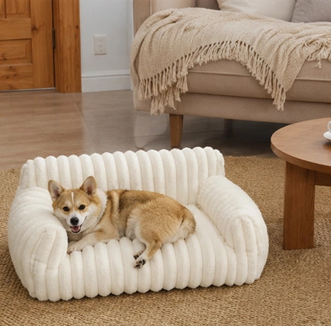 canape pour chien blanc en velours cotele avec petit chien confortablement installe