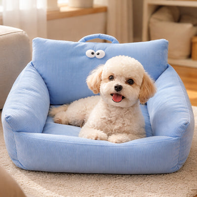 canape pour chien bleu en velours cotele avec petit chien confortablement installe