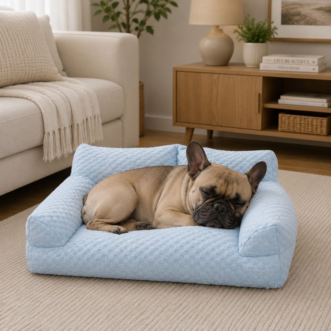 canape pour chien bleu moelleux bouledogue sommeil