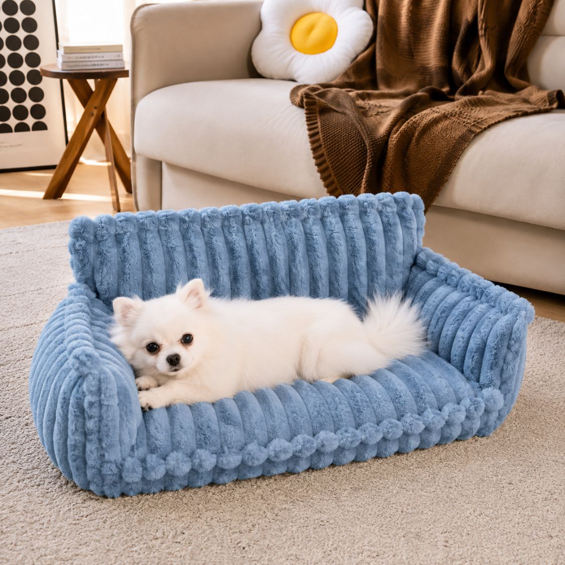 canape pour chien bleu petit chien blanc allonge confort