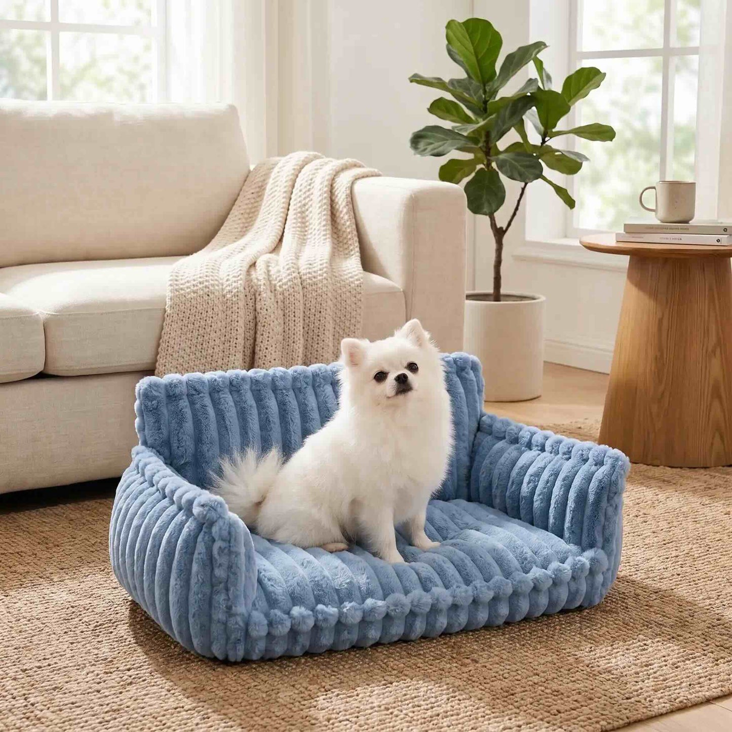 canape pour chien bleu petit chien blanc assis salon