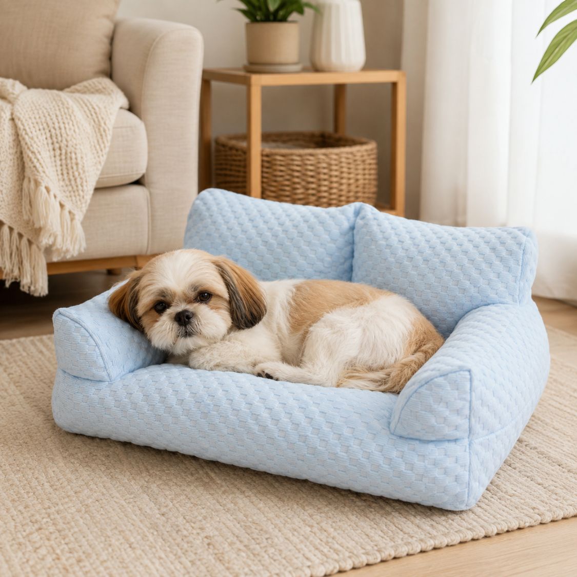 canape pour chien bleu tissu matelasse couchage confortable