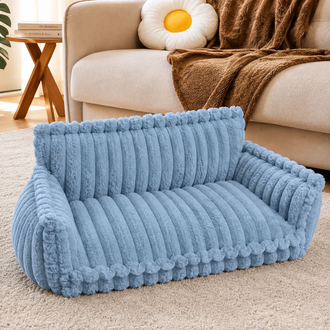 canape pour chien bleu vide dossier accoudoirs rembourres