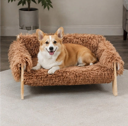 canape pour chien cocon sureleve en peluche avec corgi