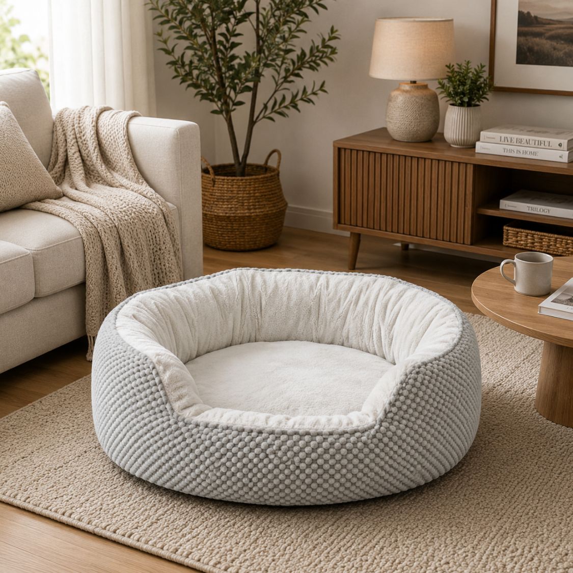 canape pour chien gris argente orthopedique rebords sureleves