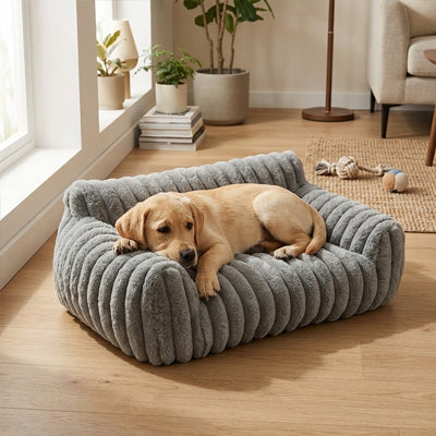 canape pour chien gris en velours cotele avec chiot allonge