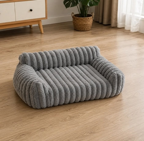 canape pour chien gris en velours cotele avec rebords rembourres