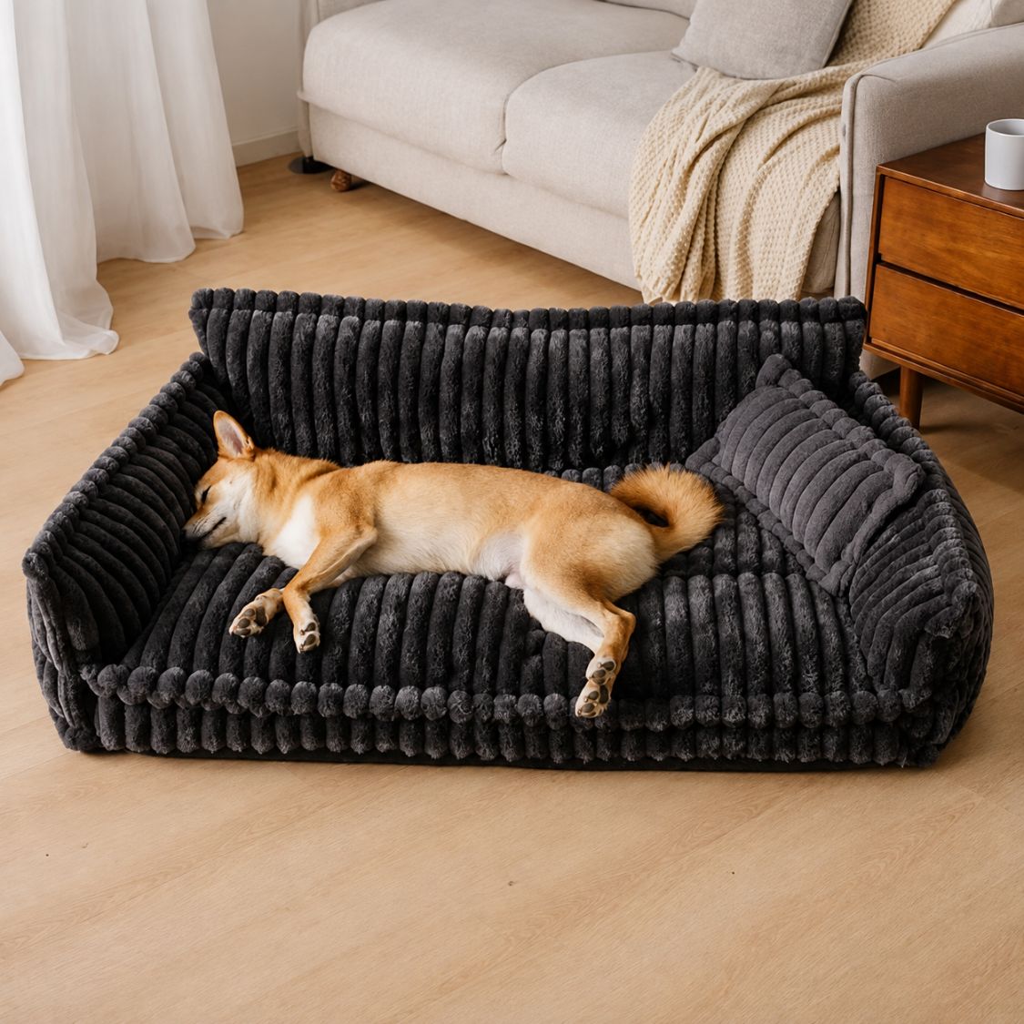 canape pour chien gris noir chien allonge couchage moelleux
