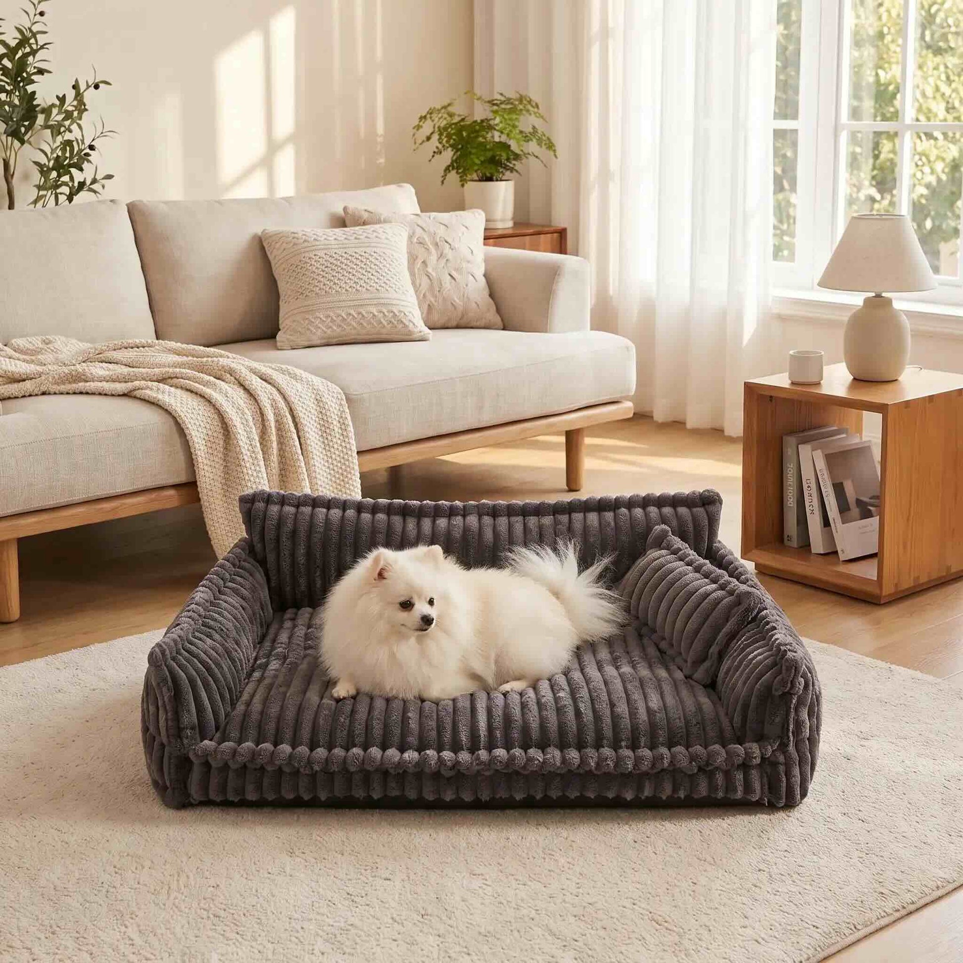 canape pour chien gris noir petit chien blanc allonge salon
