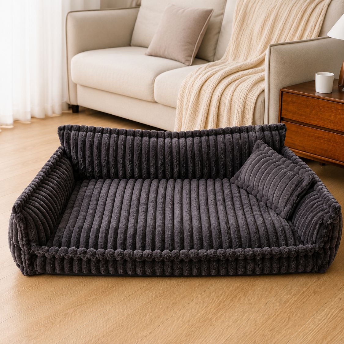 canape pour chien gris noir vide rembourrage cotele