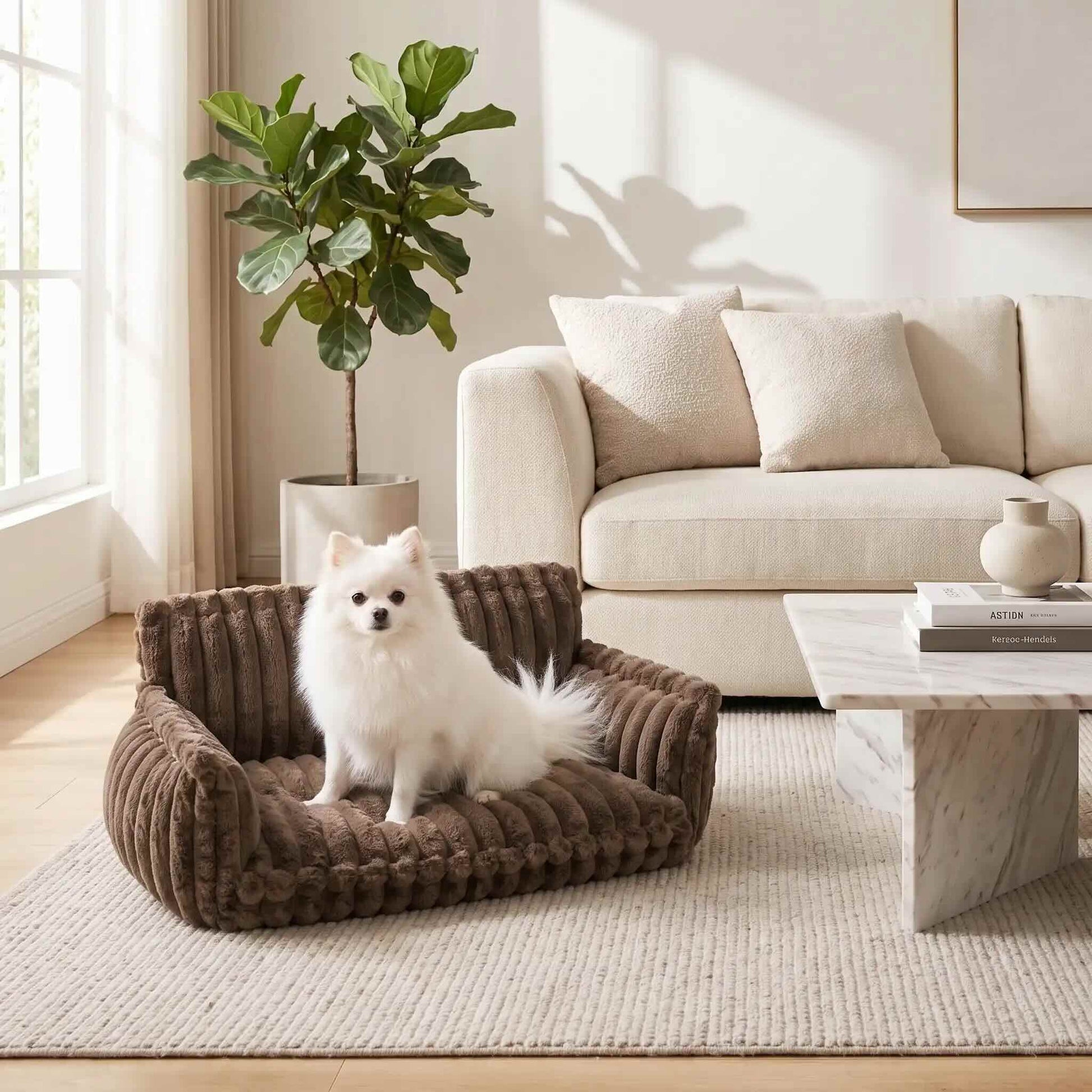 canape pour chien marron chocolat petit chien blanc salon