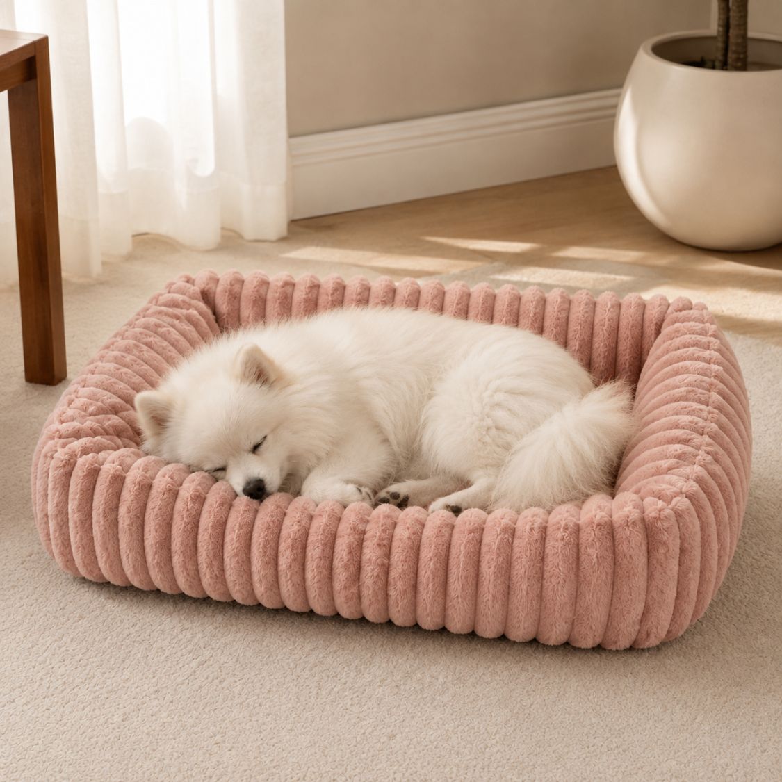 canape pour chien rose peluche chien endormi