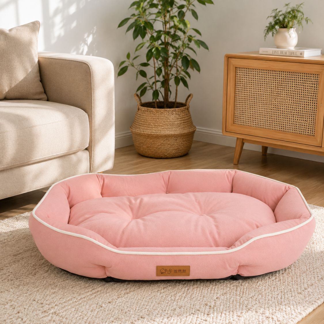 canape pour chien rose rebords rembourres moelleux