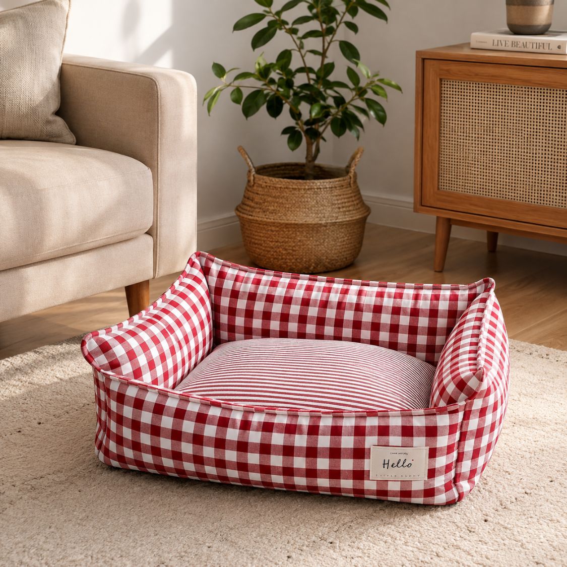 canape pour chien vichy rouge couchage moelleux
