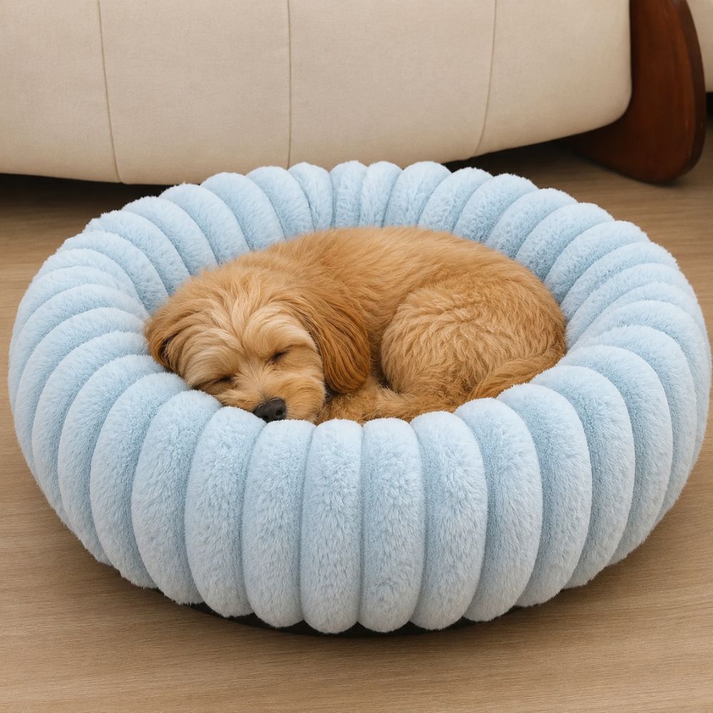 chien endormi dans panier chien donut moelleux bleu clair
