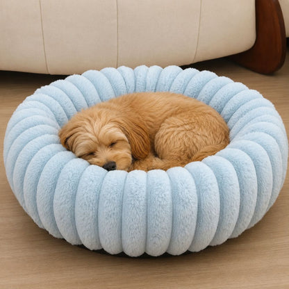 chien endormi dans panier chien donut moelleux bleu clair