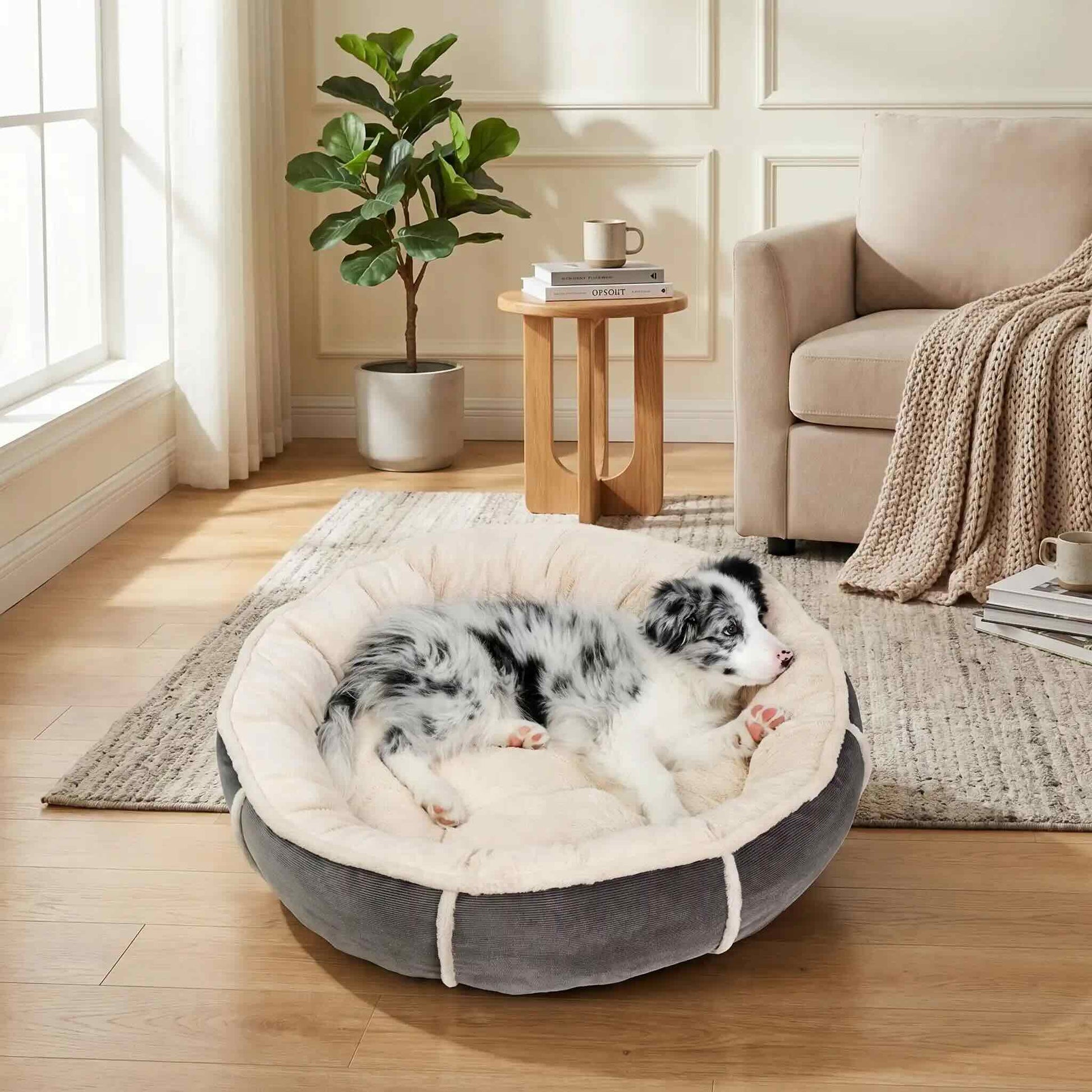 coussin anti stress chien rebords moelleux gris