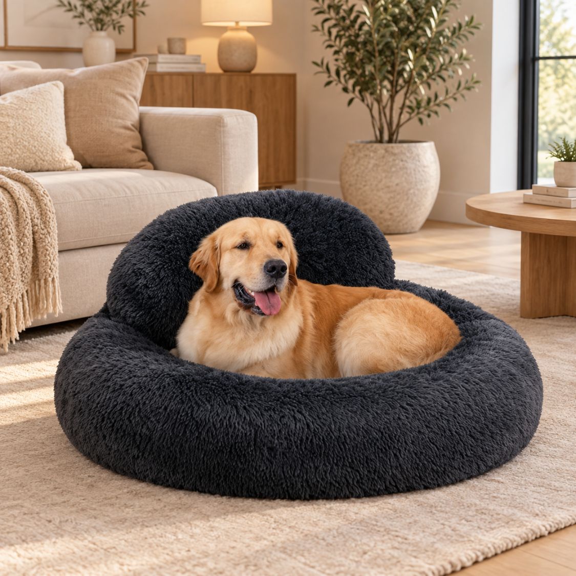 coussin chien apaisant noir chien confortablement installe