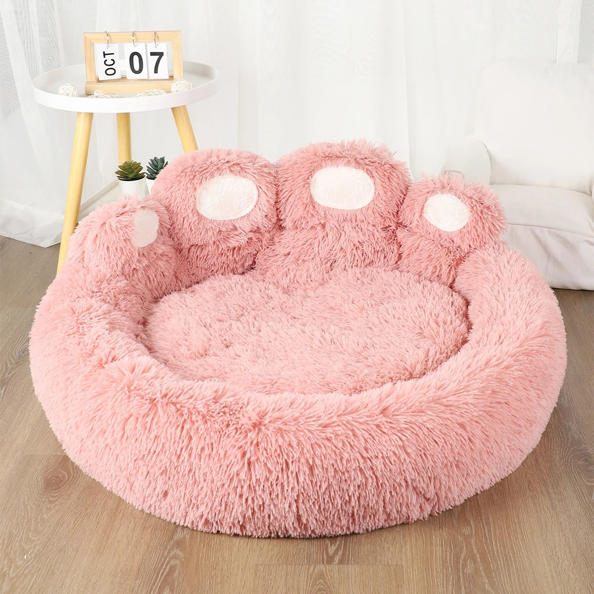 Panier cocon pour chien – patte d’ours rose
