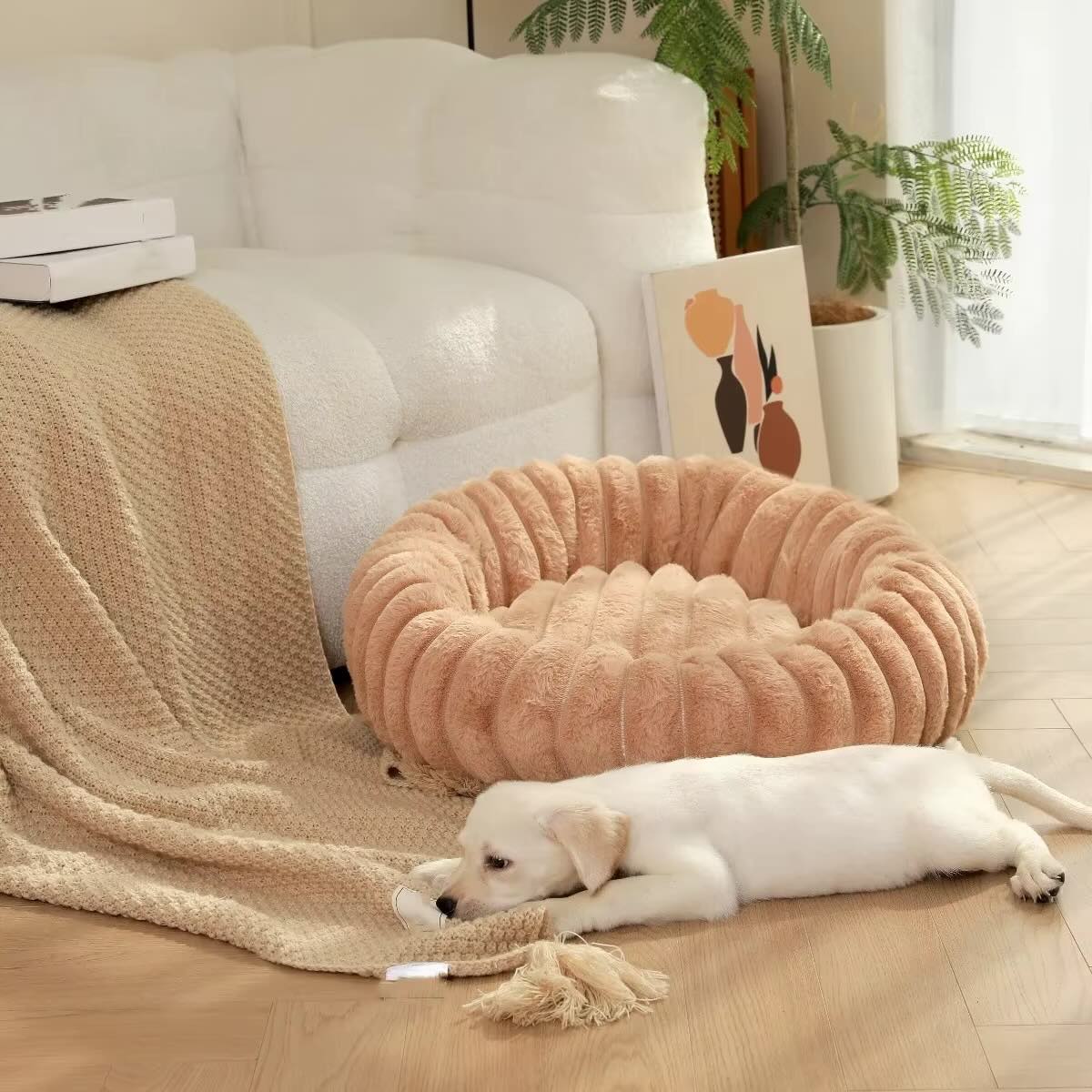 coussin pour chien fourrure douce beige rose