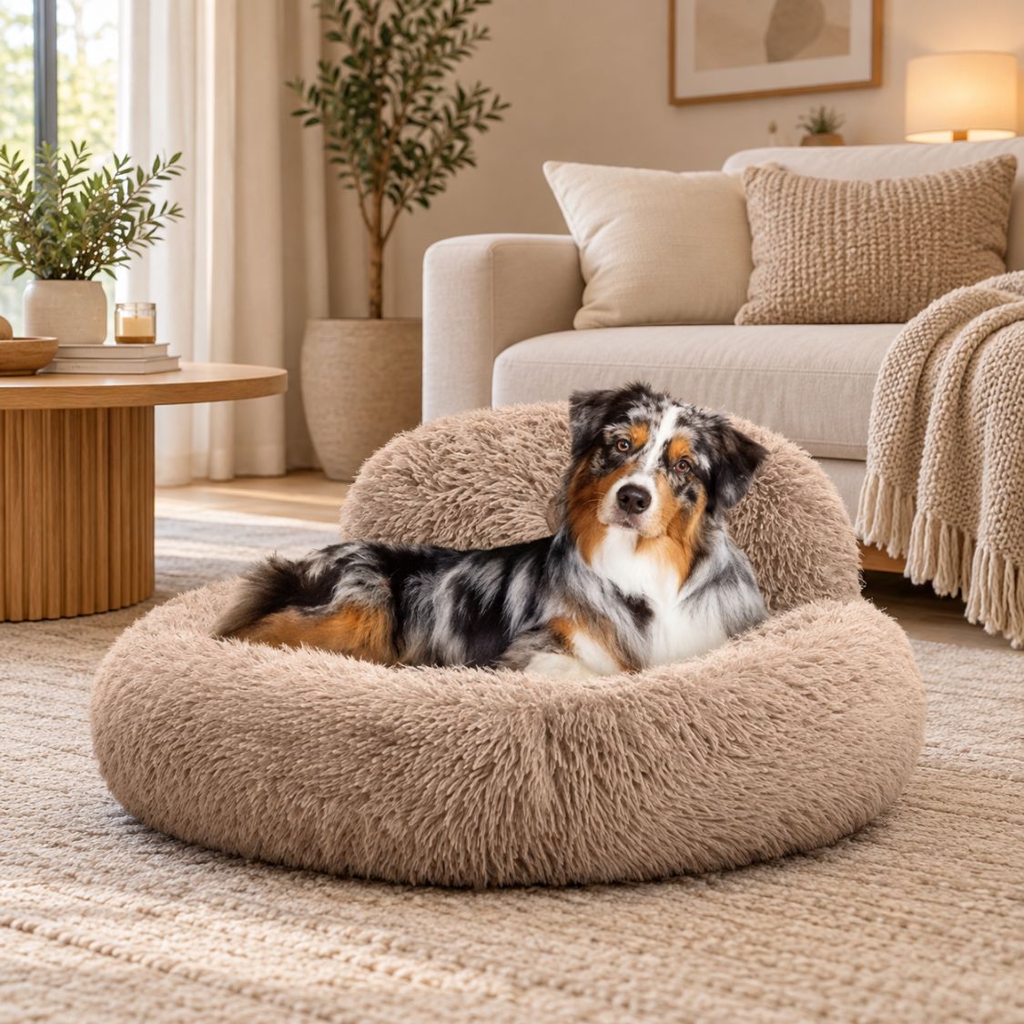 coussin rond pour chien beige chien installe
