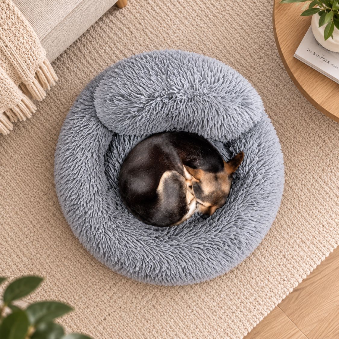 coussin rond pour chien gris chien couche