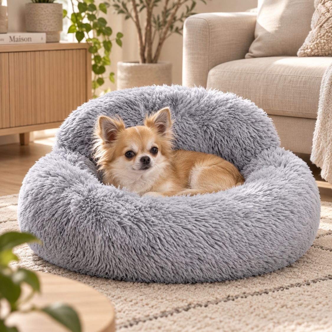 coussin rond pour chien gris petit chien