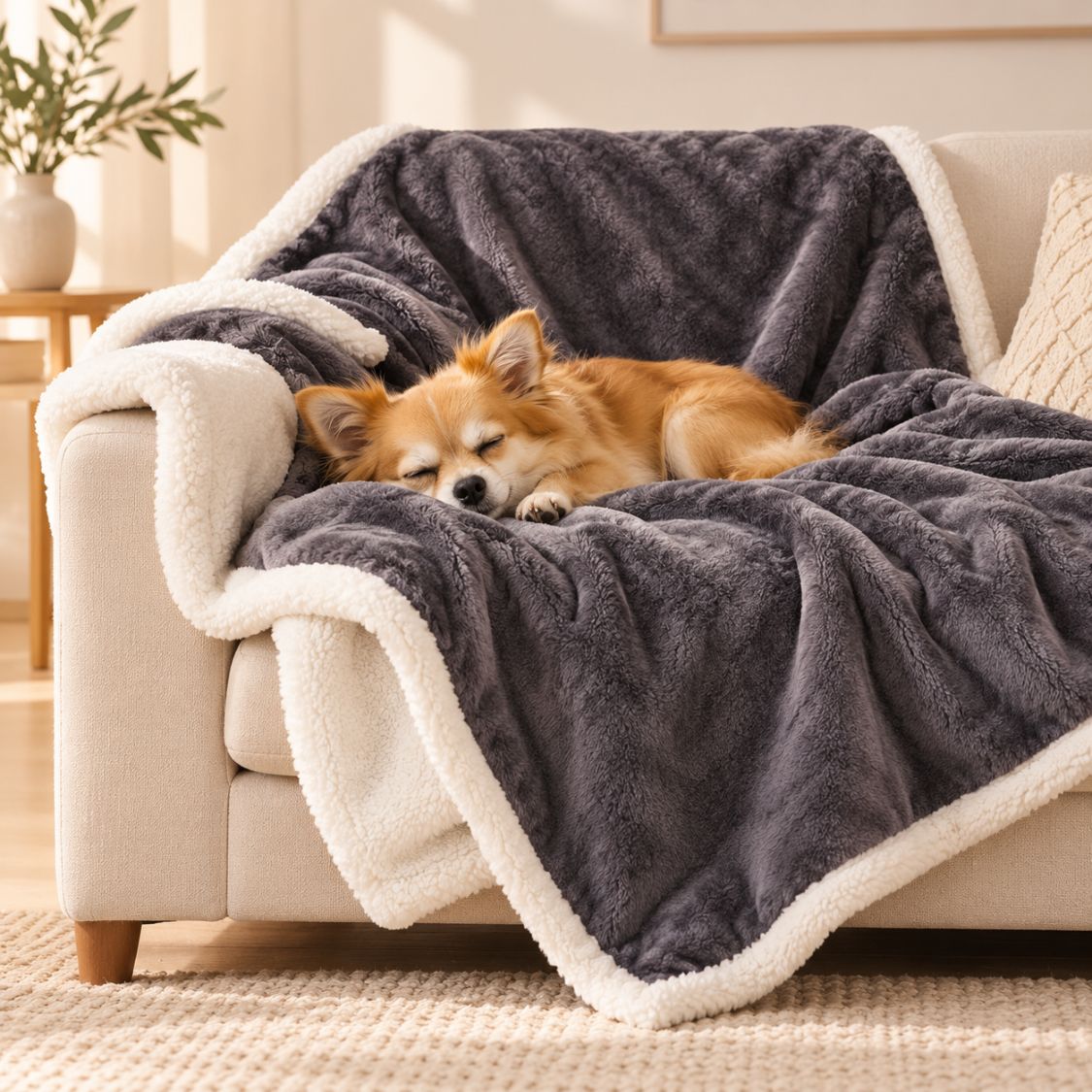 couverture anti poil pour chien grise avec chien sur canape