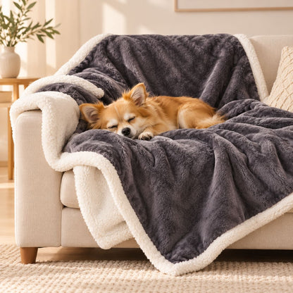 couverture anti poil pour chien grise avec chien sur canape