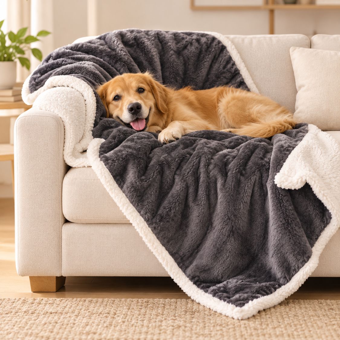 couverture anti poil pour chien grise sur canape