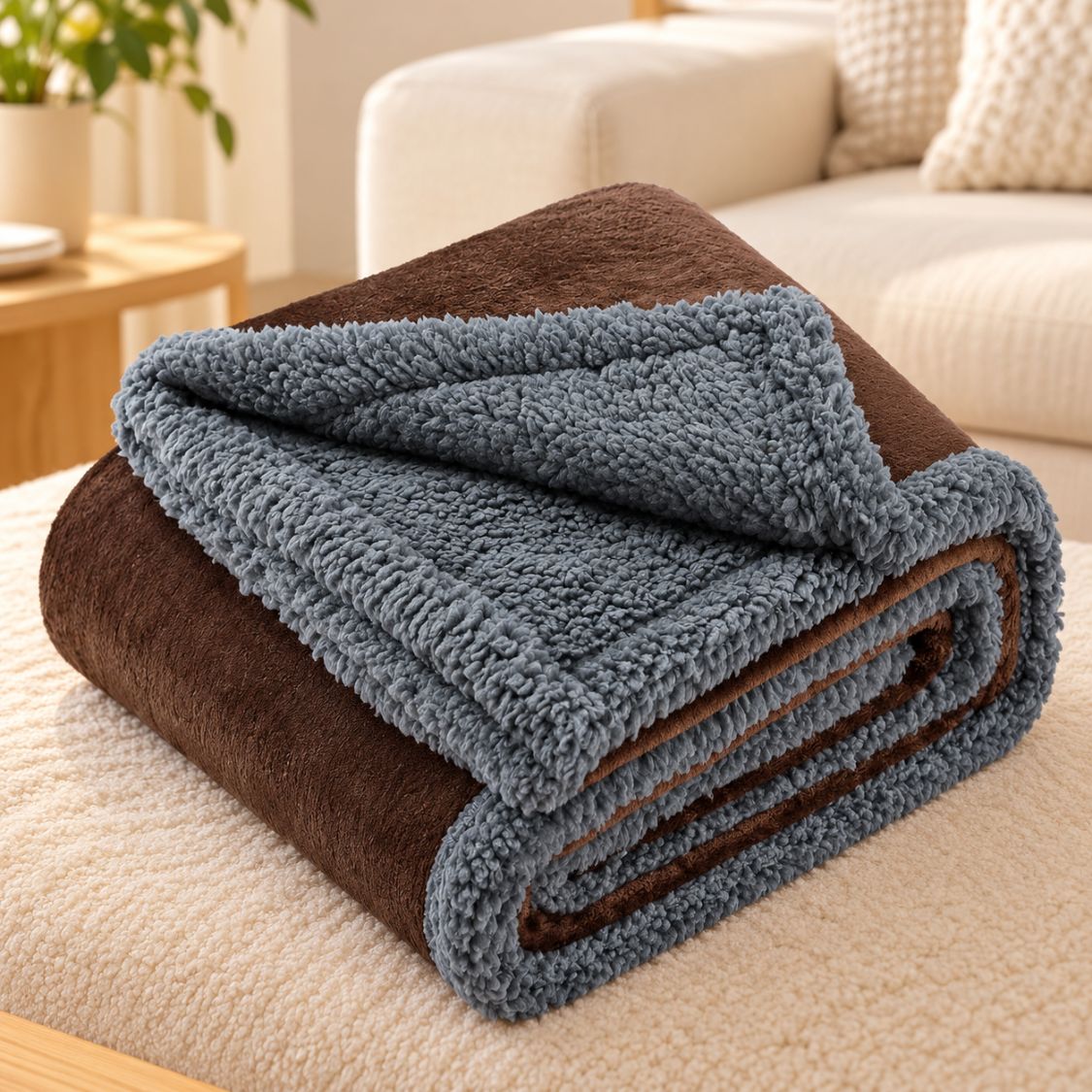 couverture anti poil pour chien marron et grise pliee