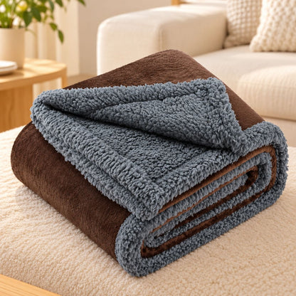 couverture anti poil pour chien marron et grise pliee